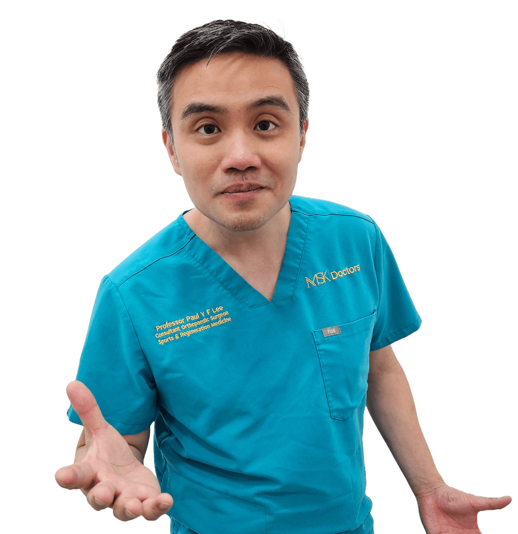 Professor Paul Lee in teal scrubs, hand open in welcome